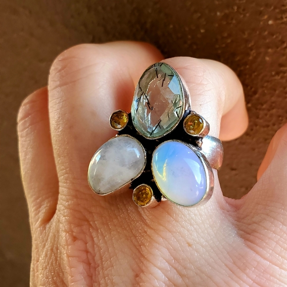 New Rutile Quartz, Opalite, Citrine & Rainbow Moonstone 925 Silver Ring. - Picture 8 of 14